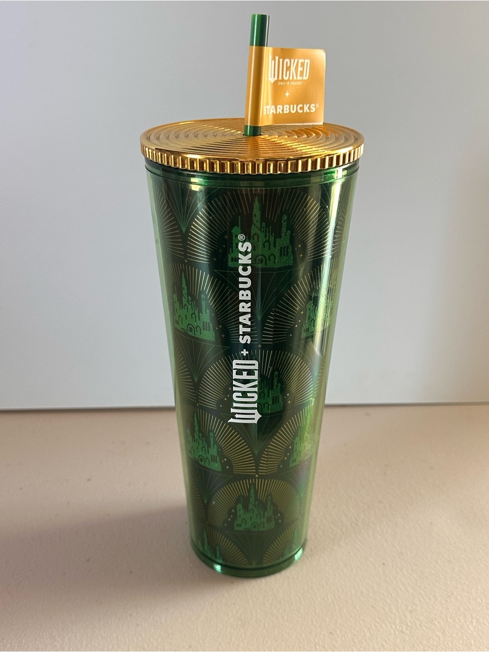 Starbucks Wicked Green and Gold Tall Tumbler with Flag Straw